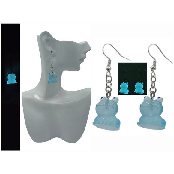 Blue Glow in the Dark Frog Earrings Resin Dangle Earrings Cute Animal Jewelry - Picture 1 of 1